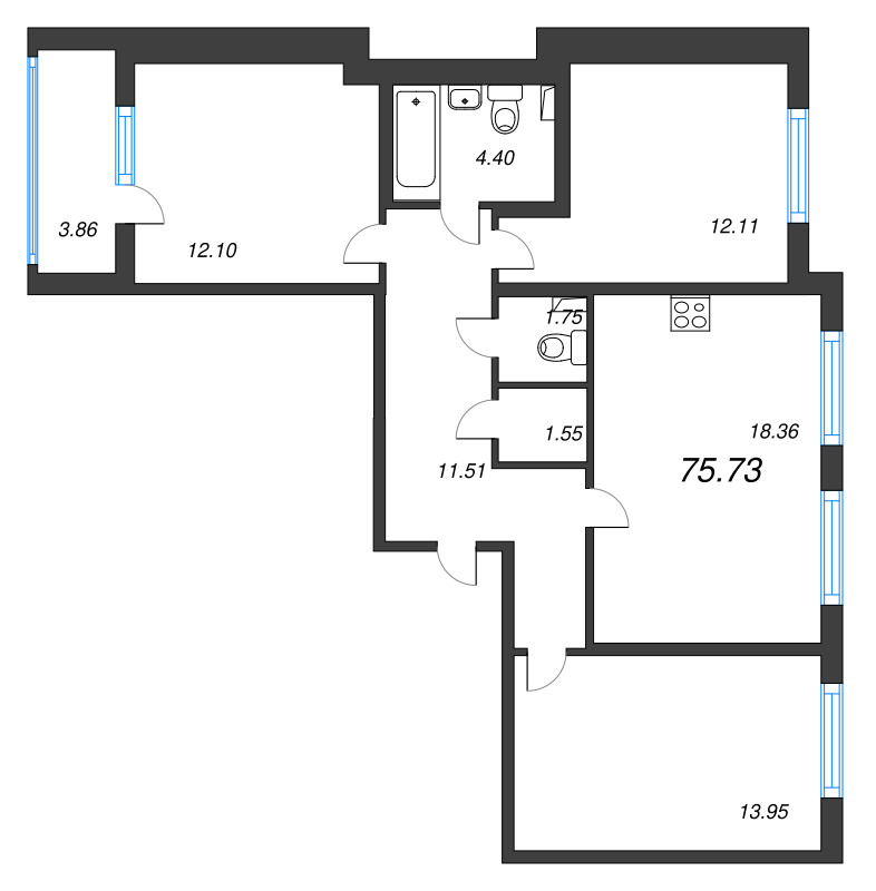 4 ккв (Евро) 75,7 м²