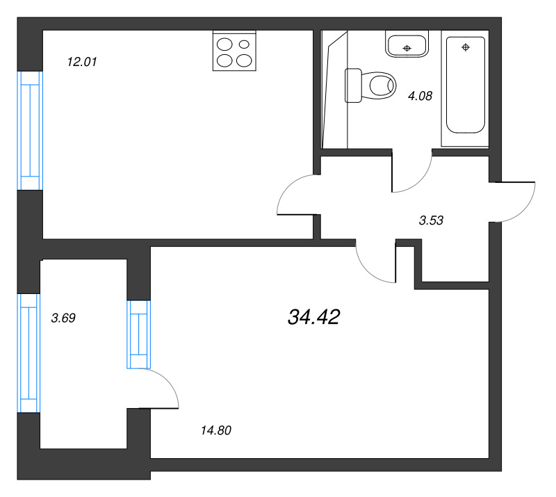 1 ккв 34,4 м²