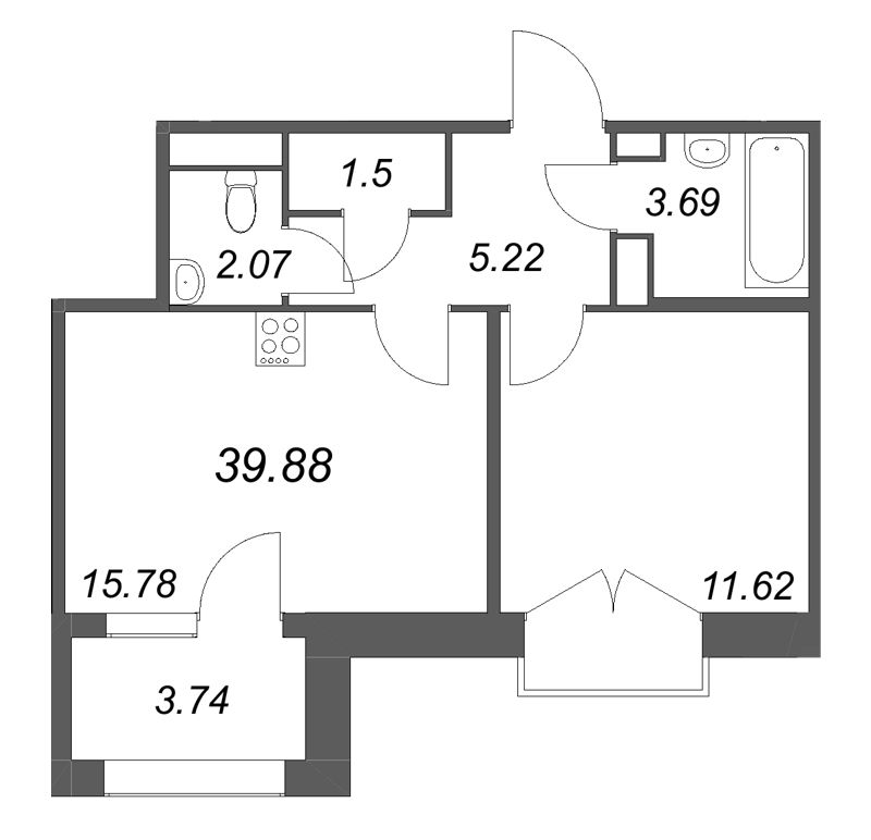 2 ккв (Евро) 39,9 м²