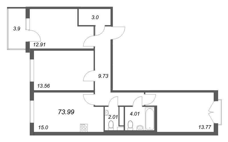 3 ккв 74 м²