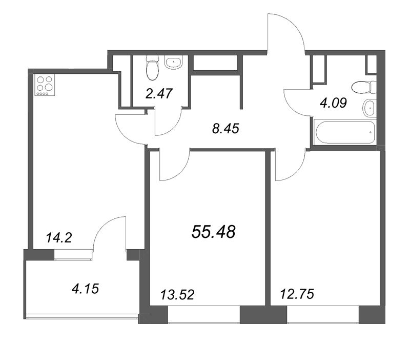 2 ккв 55,5 м²
