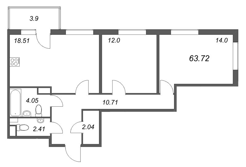 3 ккв (Евро) 63,7 м²