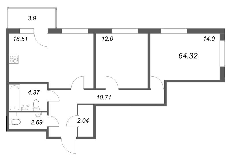 3 ккв (Евро) 64,3 м²
