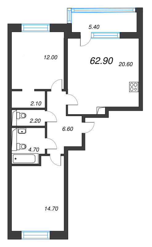 3 ккв (Евро) 62,9 м²