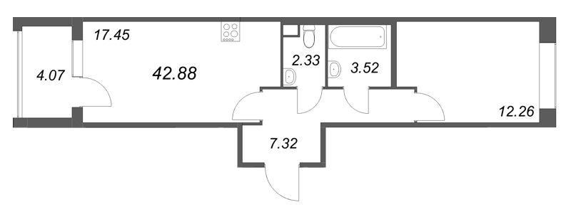 2 ккв (Евро) 42,9 м²