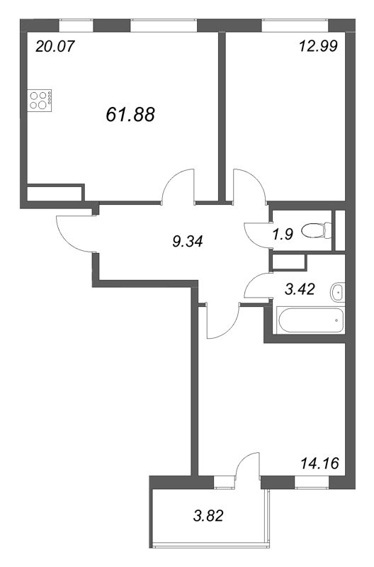 3 ккв (Евро) 61,9 м²