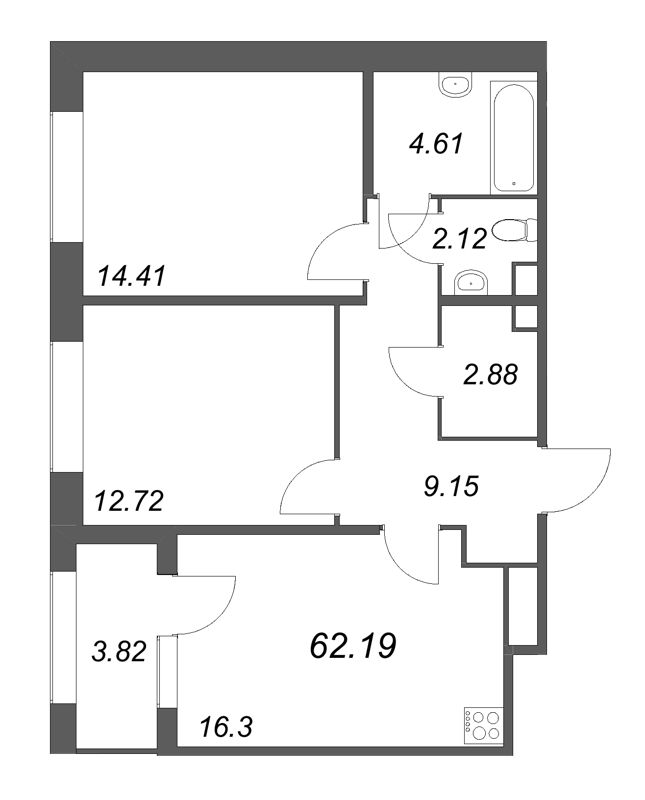 3 ккв (Евро) 62,2 м²