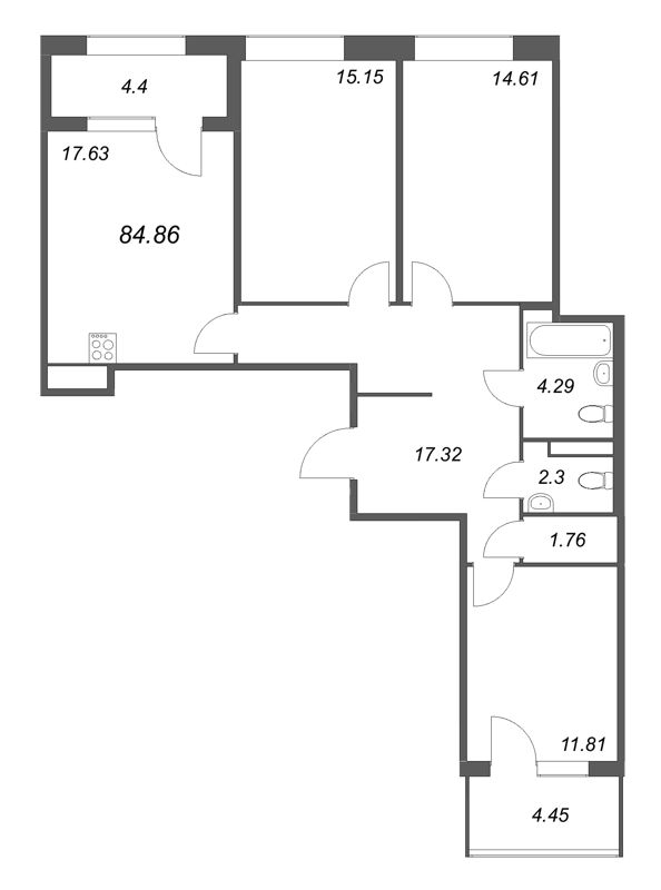 4 ккв (Евро) 84,9 м²