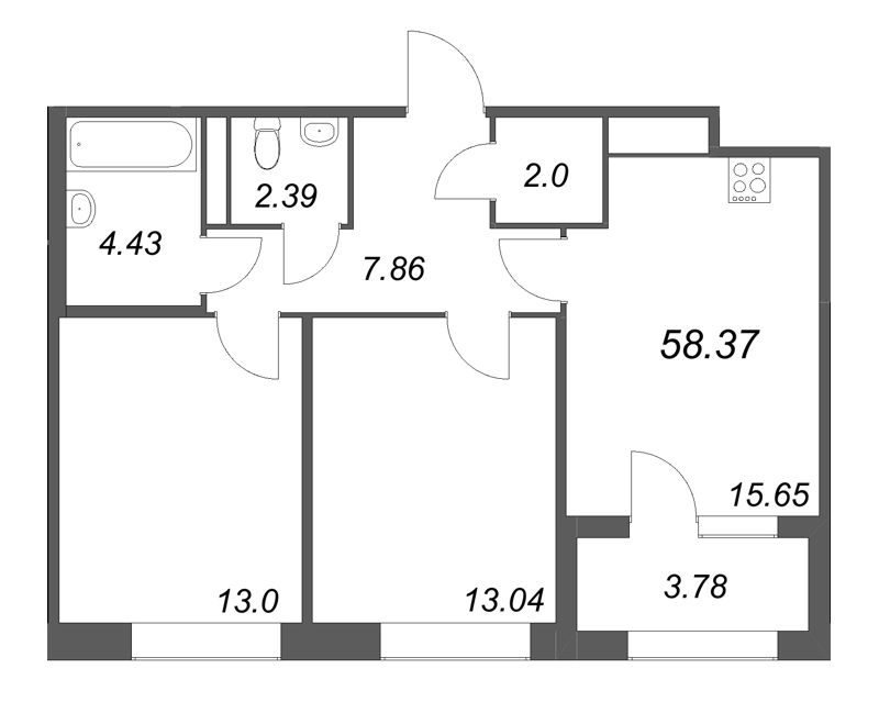 3 ккв (Евро) 58,4 м²