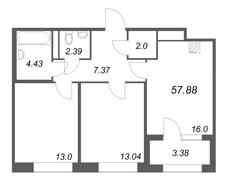 3 ккв (Евро) 57,9 м²