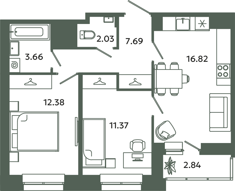 3 ккв (Евро) 55,4 м²