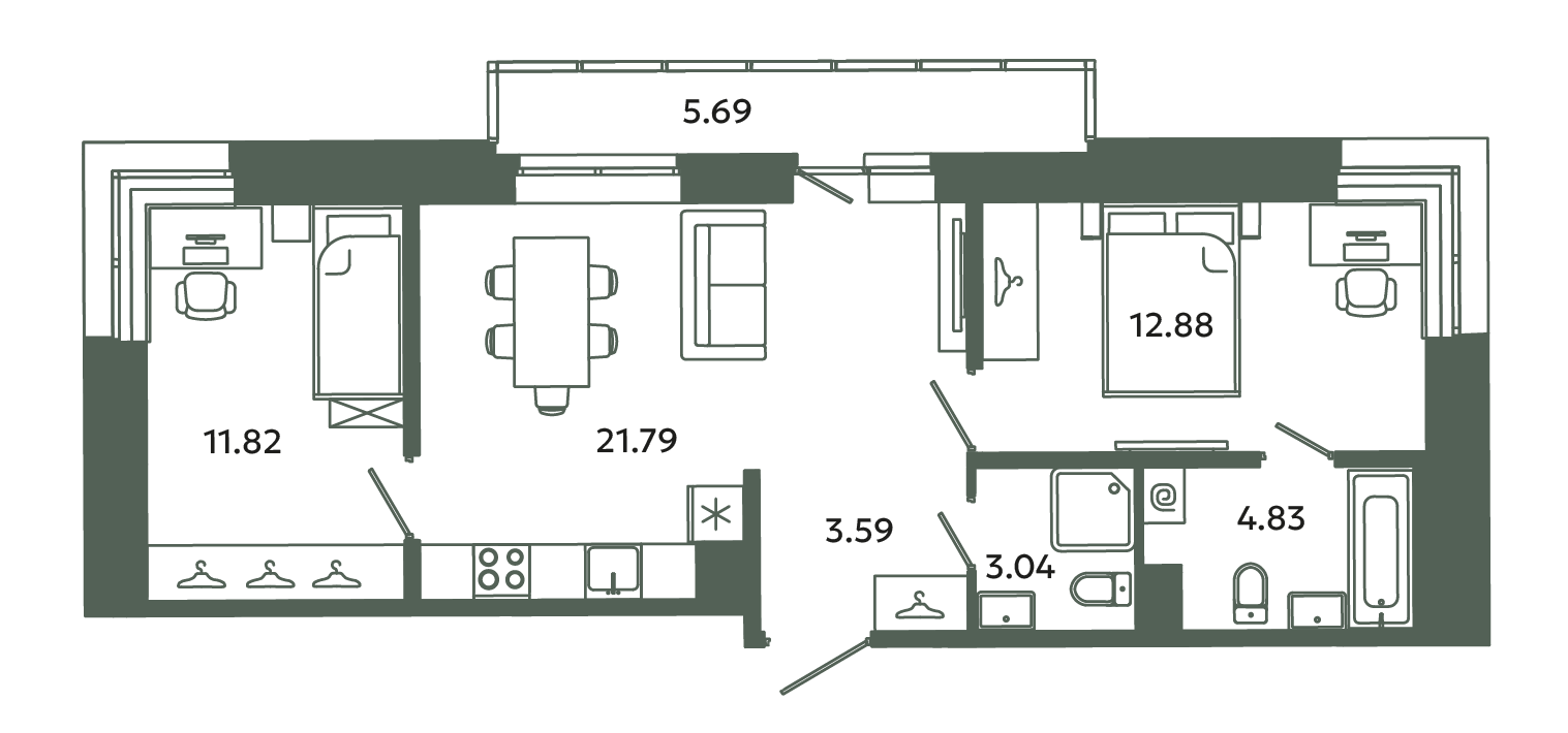 3 ккв (Евро) 59,7 м²