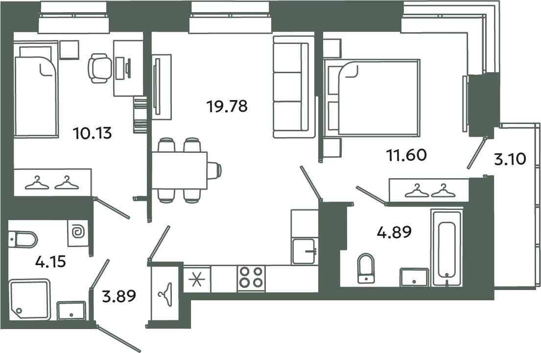 3 ккв (Евро) 55,4 м²
