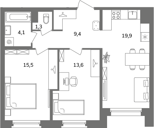 3 ккв (Евро) 63,8 м²