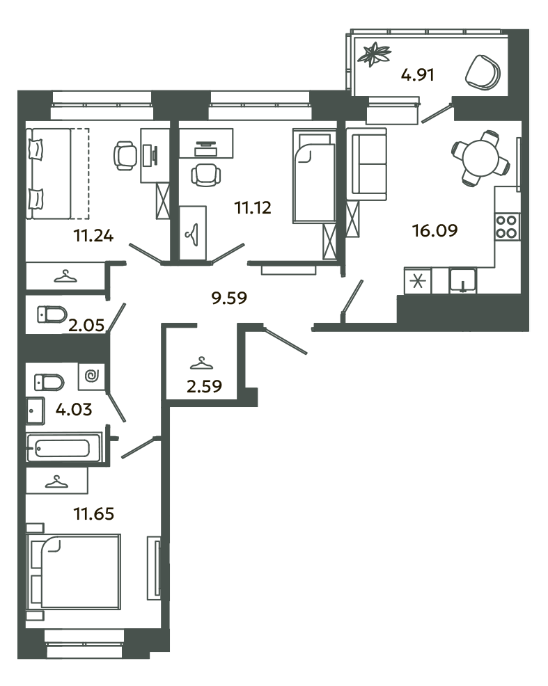 4 ккв (Евро) 70,9 м²