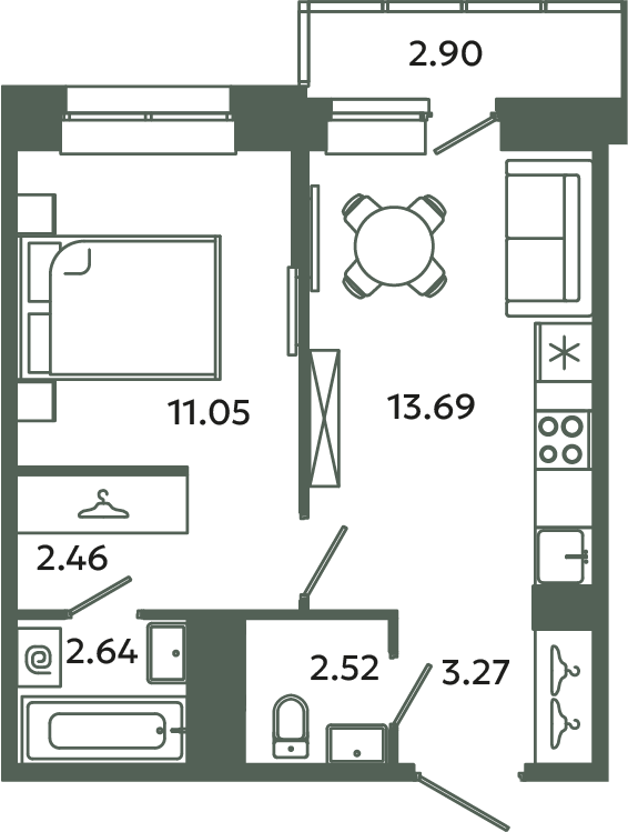 1 ккв 36,5 м²