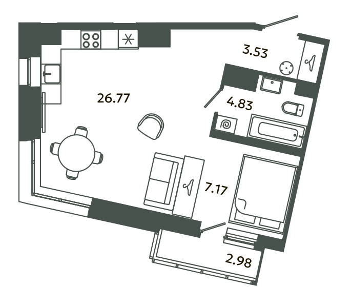 Студия 43,8 м²