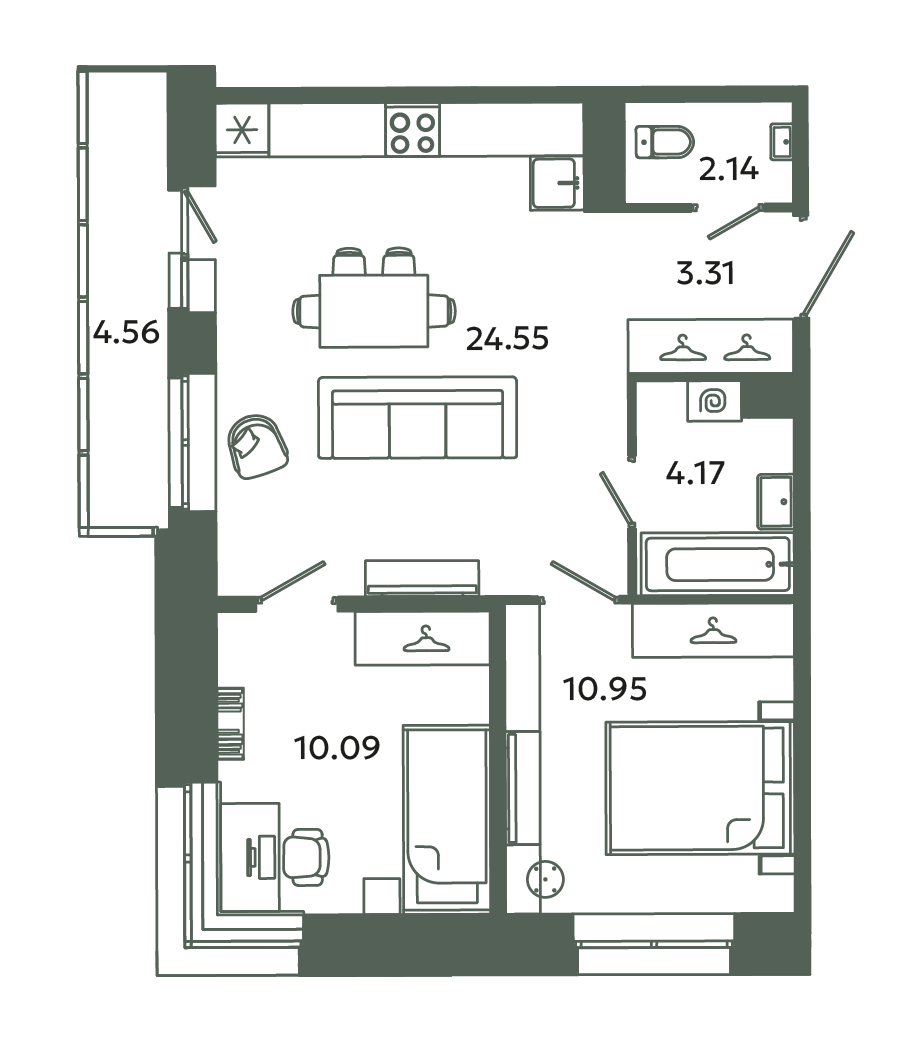 3 ккв (Евро) 56,6 м²