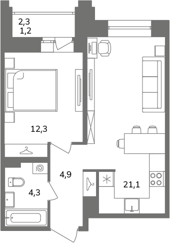 2 ккв (Евро) 43,8 м²