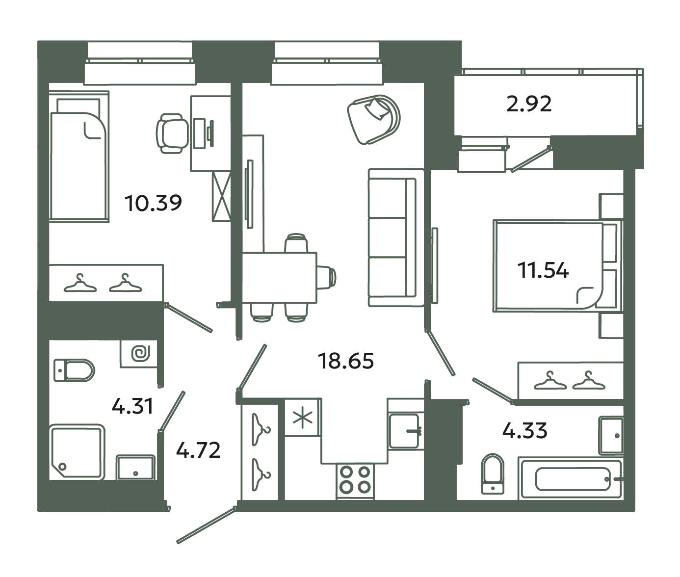 3 ккв (Евро) 55,4 м²