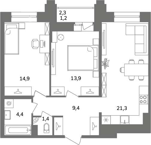 3 ккв (Евро) 66,5 м²