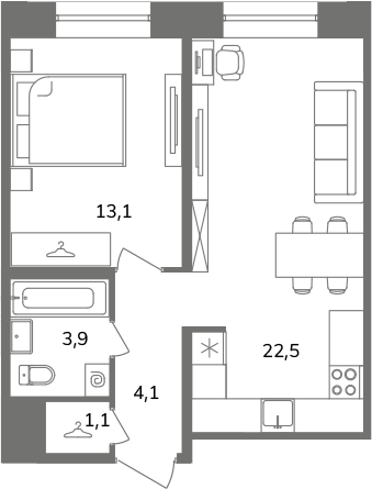 2 ккв (Евро) 44,7 м²