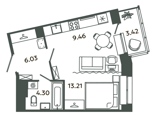 Студия 34 м²
