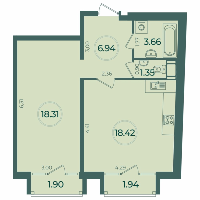 2 ккв (Евро) 49,8 м²