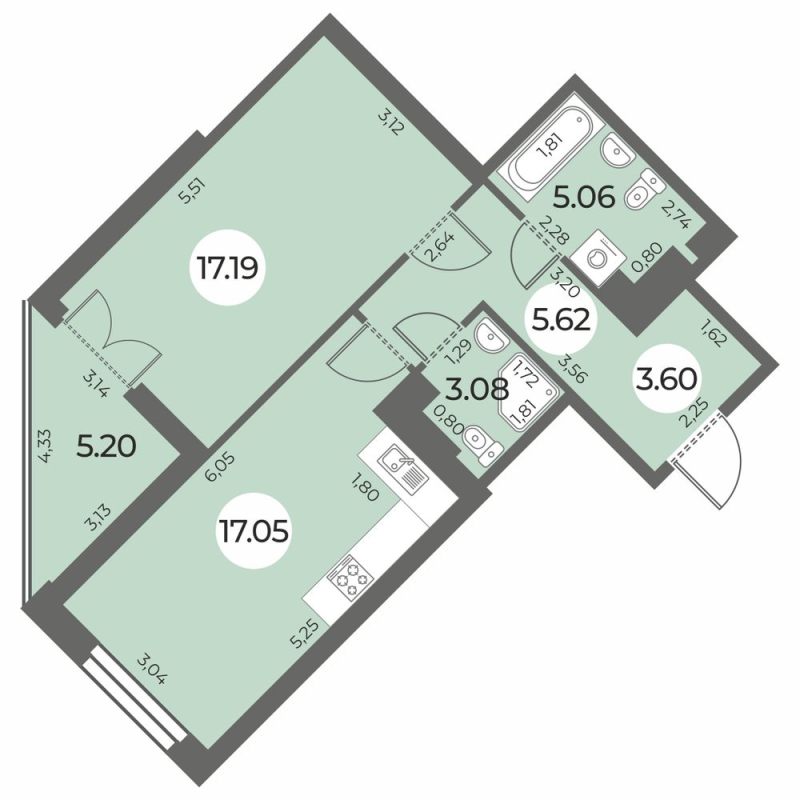 2 ккв (Евро) 54,2 м²