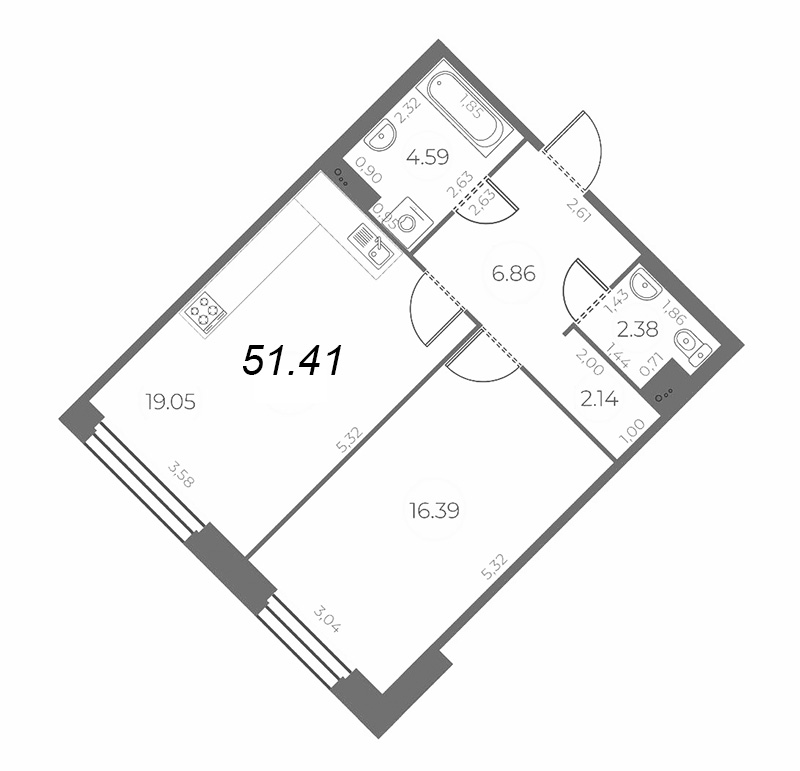2 ккв (Евро) 51,4 м²