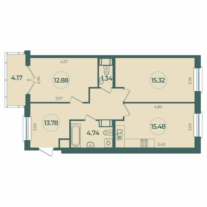 3 ккв (Евро) 64,8 м²