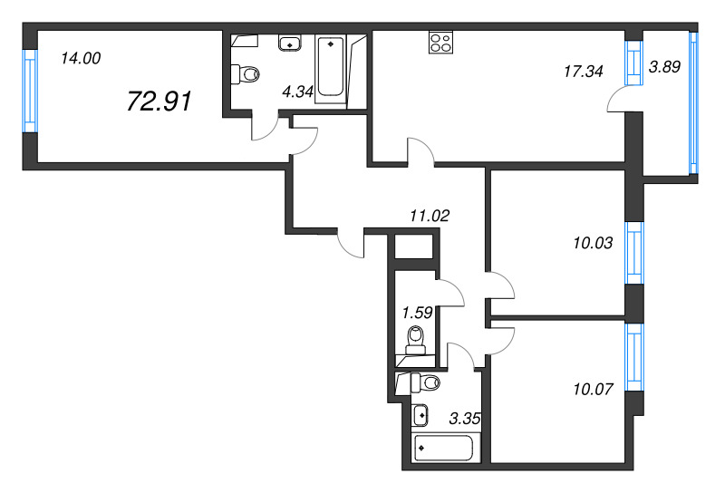 4 ккв (Евро) 72,9 м²