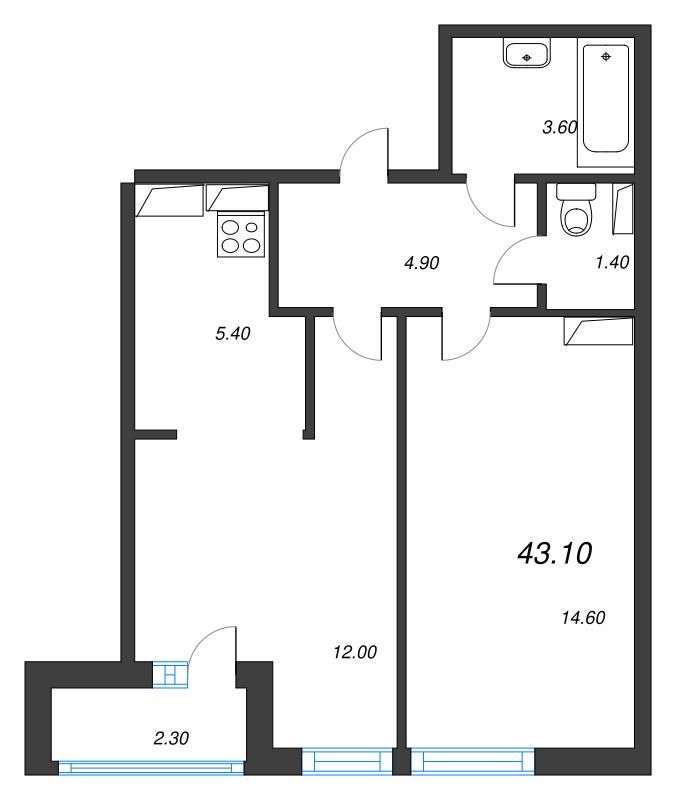 2 ккв (Евро) 42,8 м²