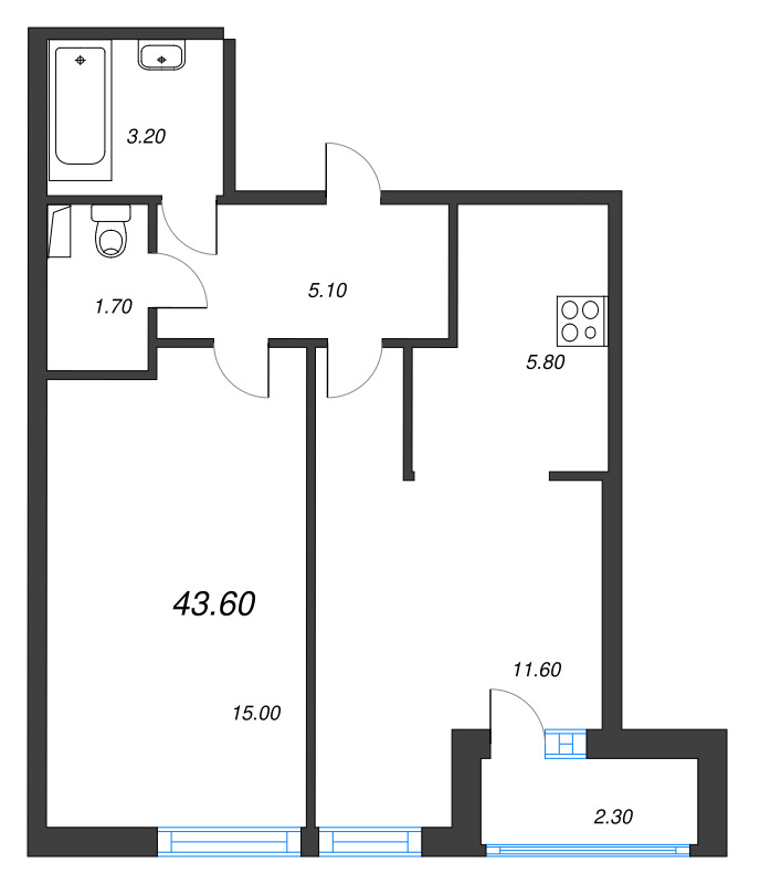 2 ккв (Евро) 43,6 м²