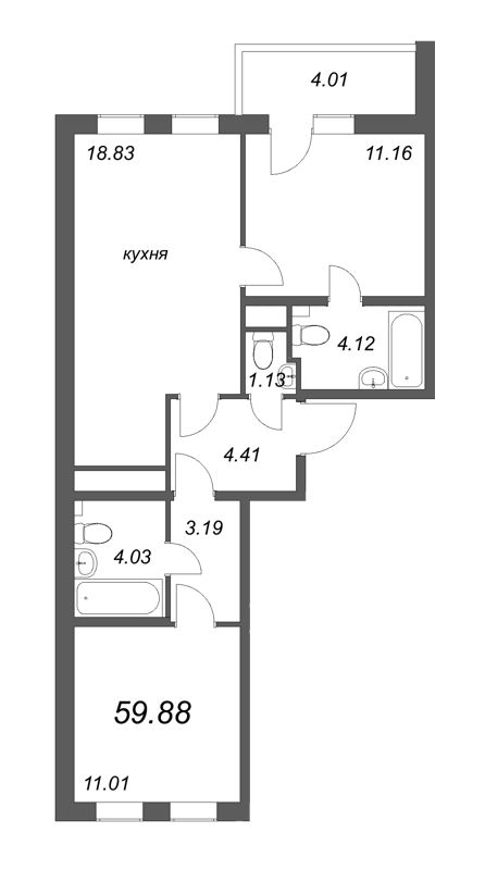 3 ккв (Евро) 59,9 м²