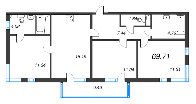 4 ккв (Евро) 69,7 м²