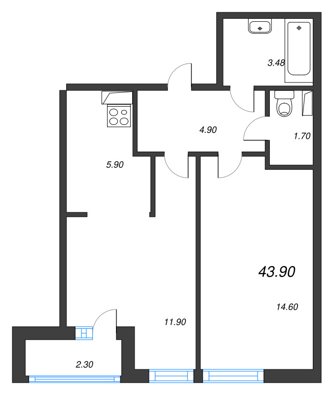 2 ккв (Евро) 43,9 м²