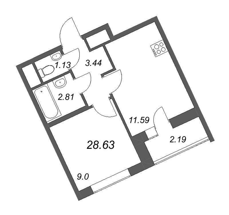 1 ккв 28,6 м²