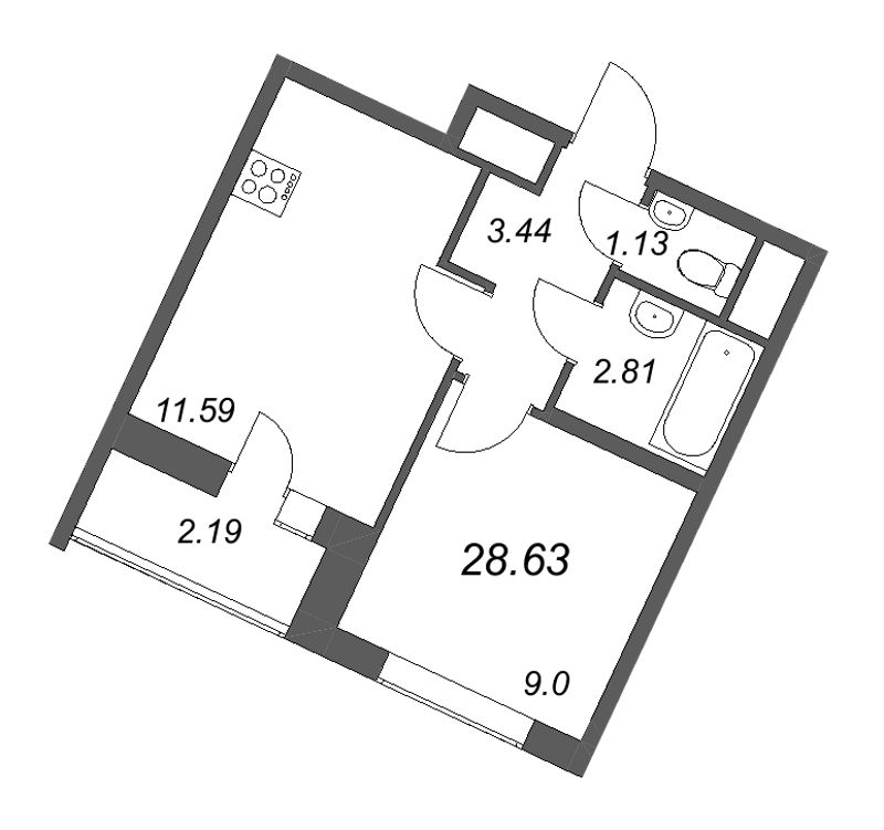 1 ккв 28,6 м²