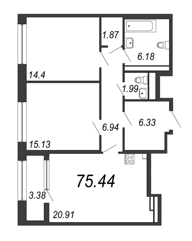 3 ккв (Евро) 75,3 м²
