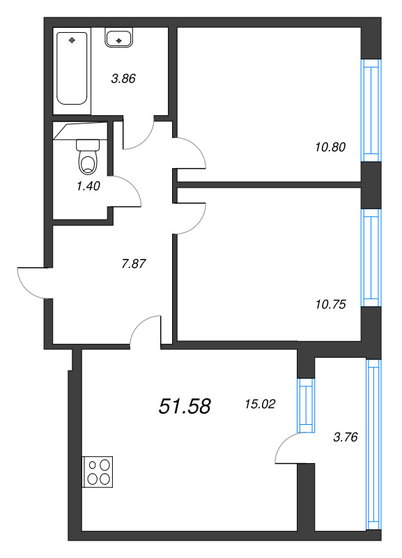 3 ккв (Евро) 51,6 м²