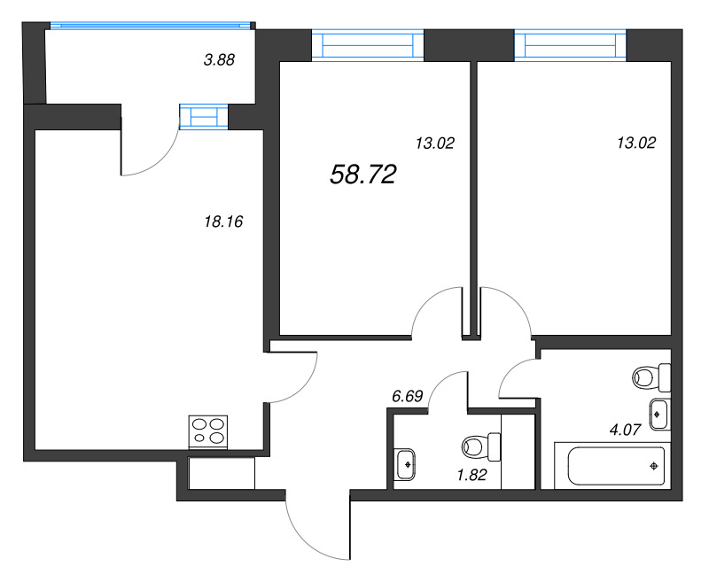 3 ккв (Евро) 58,7 м²