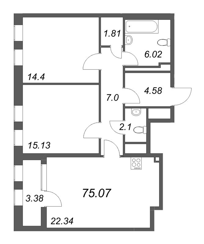 3 ккв (Евро) 75 м²