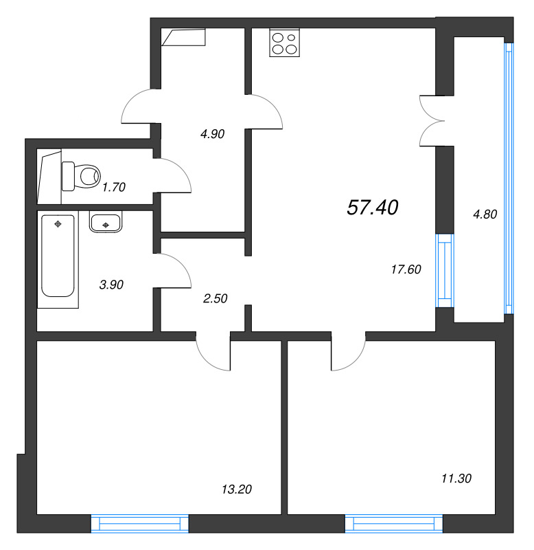 3 ккв (Евро) 57,3 м²