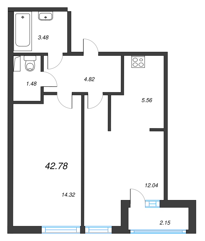 2 ккв (Евро) 43,8 м²