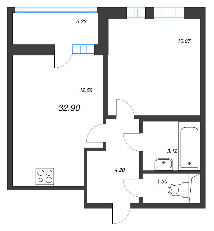 1 ккв 32,9 м²