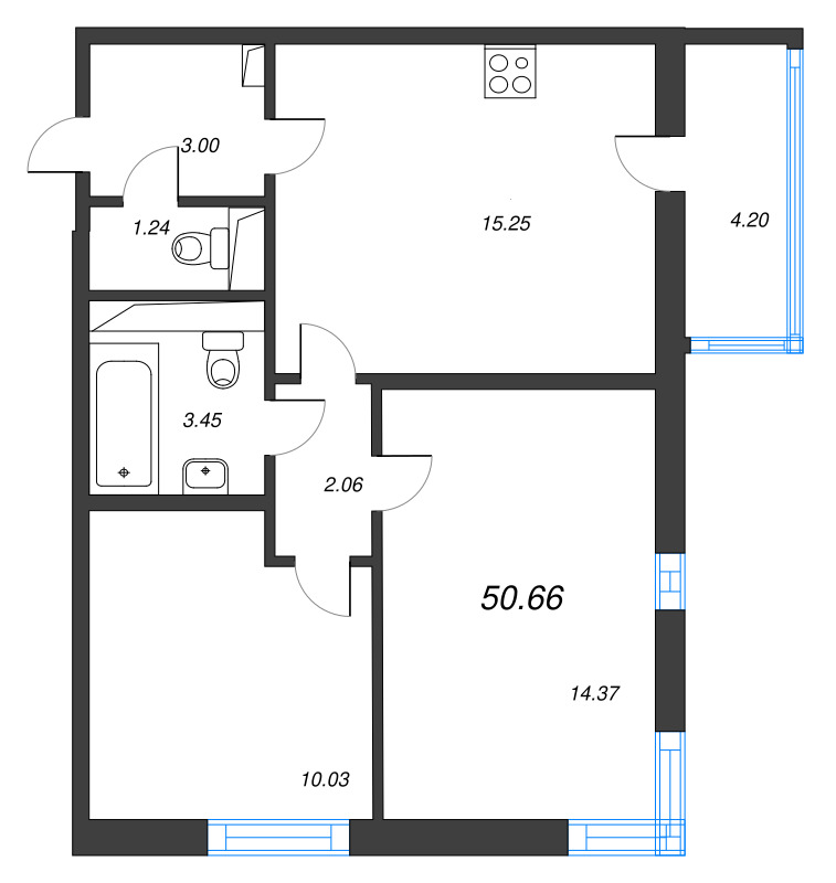 3 ккв (Евро) 50,7 м²