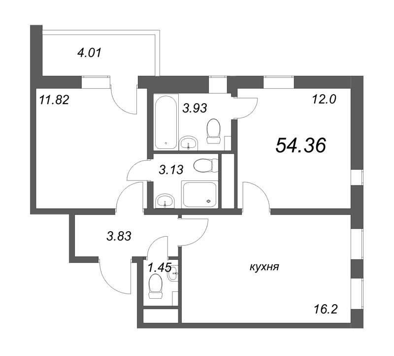 3 ккв (Евро) 54,4 м²