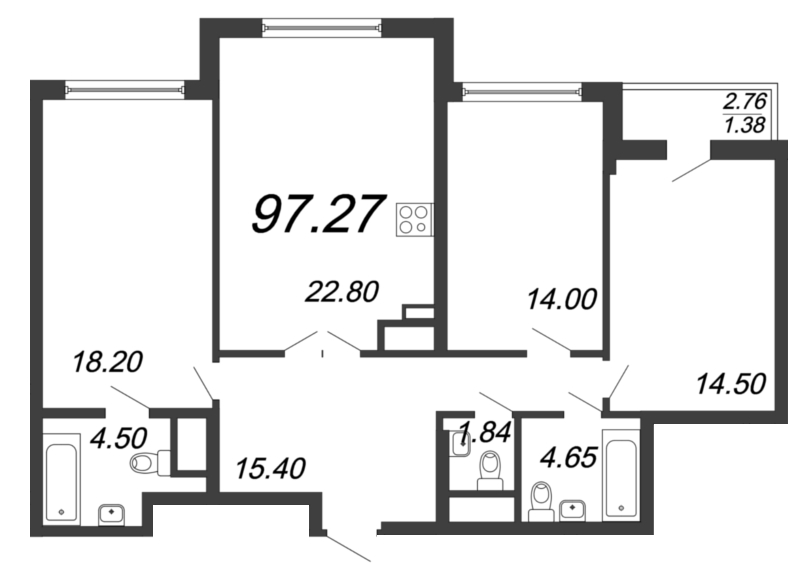 4 ккв (Евро) 97,4 м²