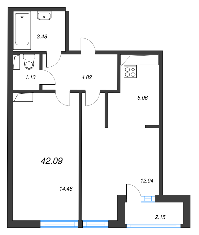 2 ккв (Евро) 42,9 м²
